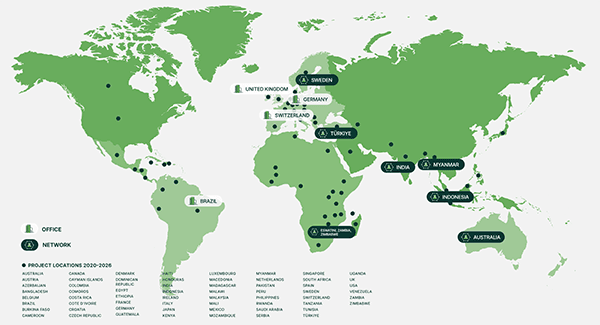 A global map showing where twentyfifty has offices and networks